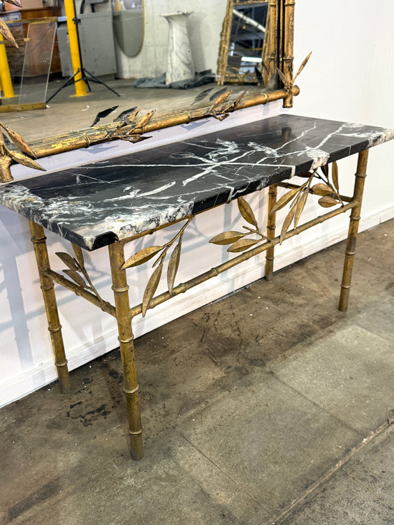 Italian Gilt Bamboo Mirror with Black Marble Console and Leaf Motif, Mid-Century Design