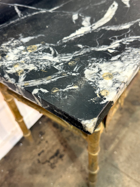 Italian Gilt Bamboo Mirror with Black Marble Console and Leaf Motif, Mid-Century Design