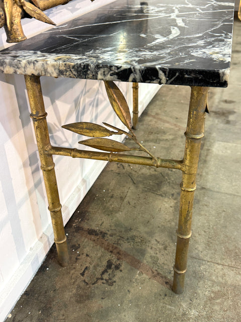 Italian Gilt Bamboo Mirror with Black Marble Console and Leaf Motif, Mid-Century Design