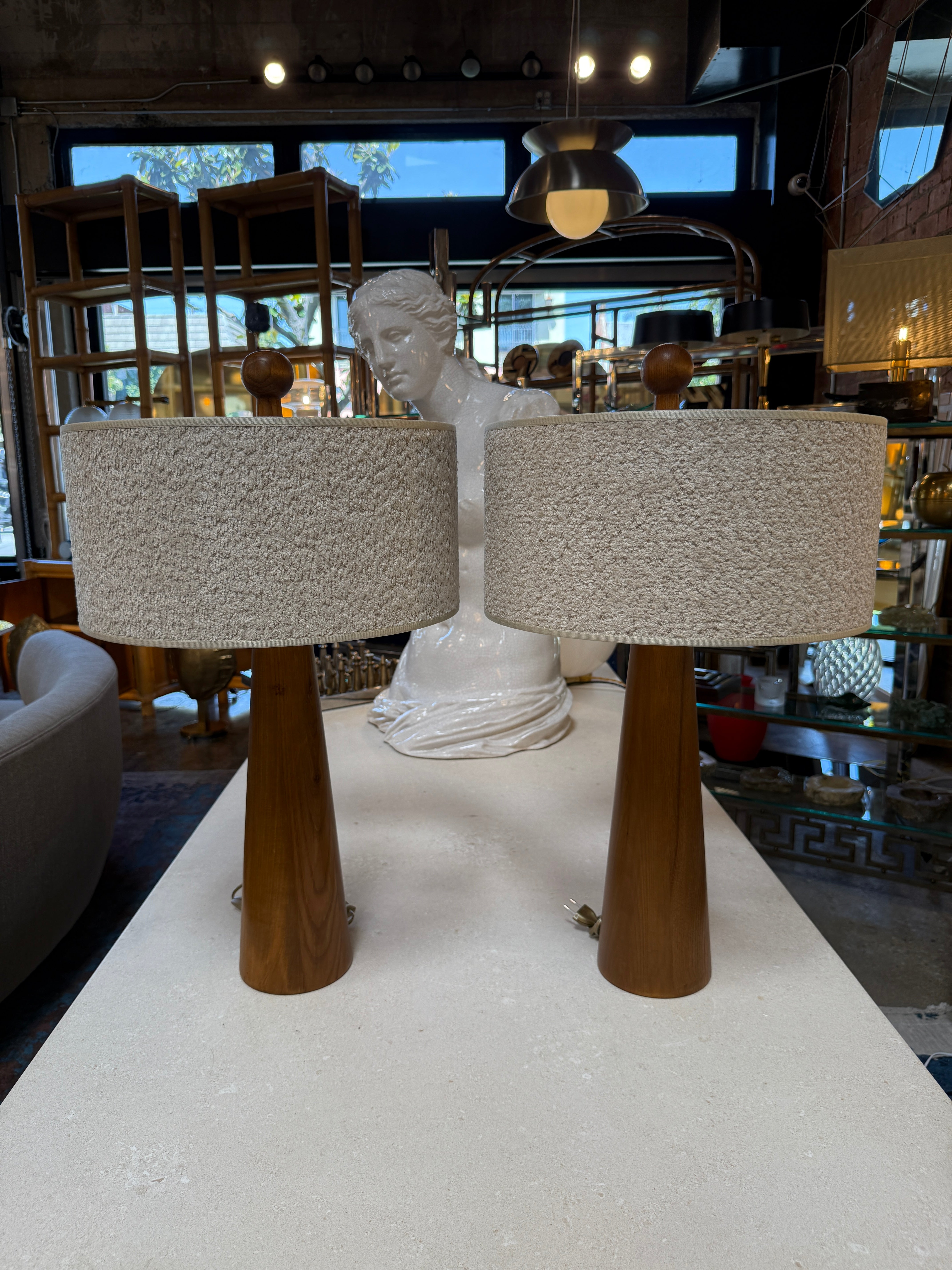 Pair of Mid-Century Modern Wood Table Lamps with Textured Drum Shades