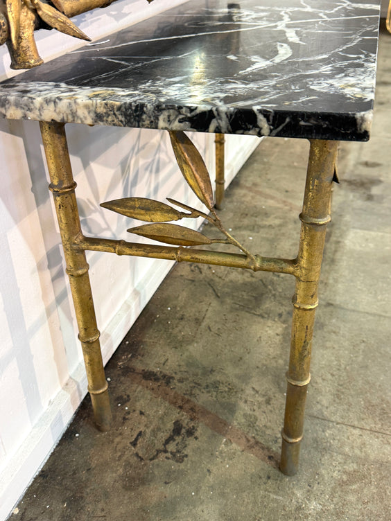 Italian Gilt Bamboo Mirror with Black Marble Console and Leaf Motif, Mid-Century Design