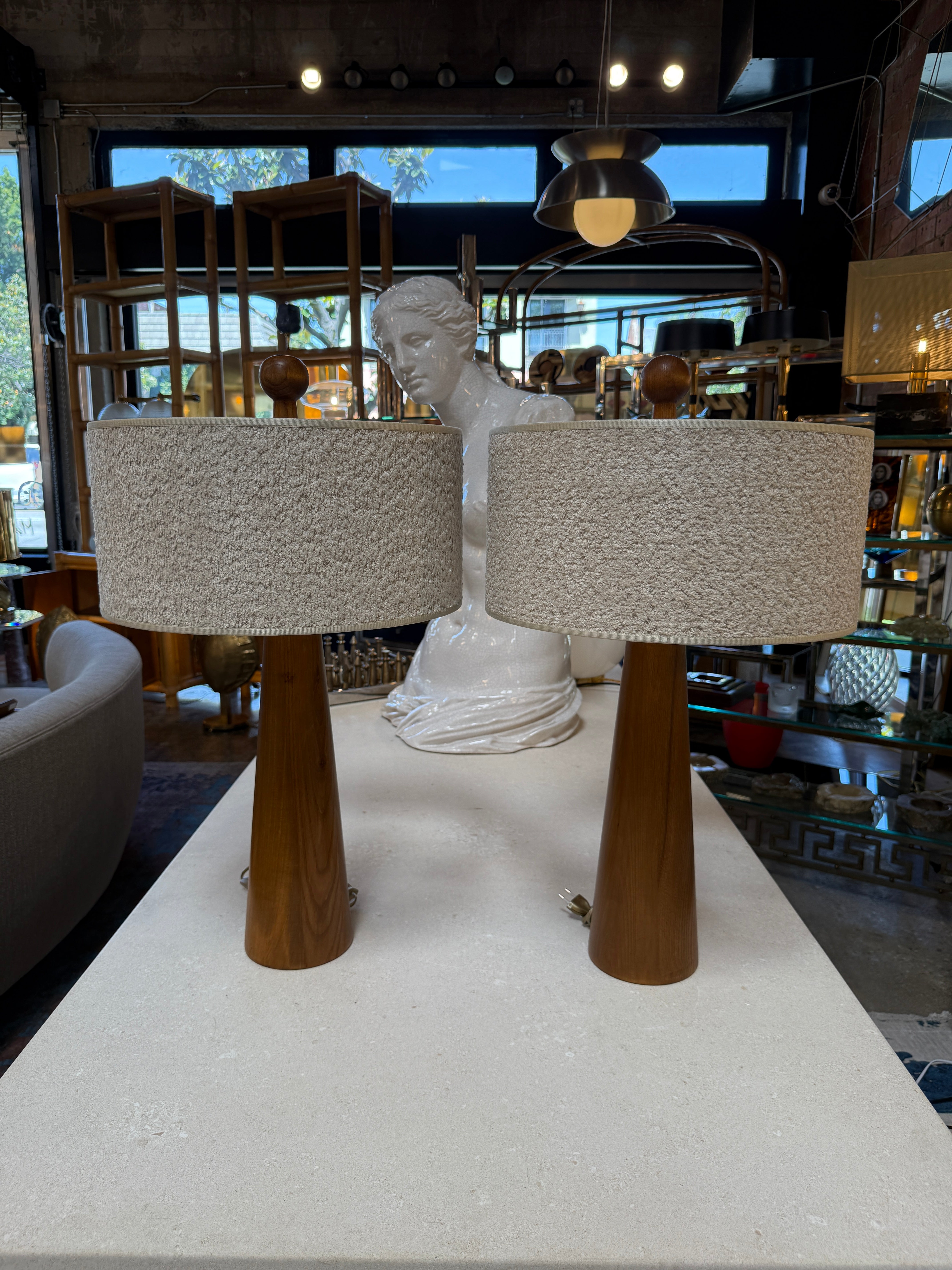 Pair of Mid-Century Modern Wood Table Lamps with Textured Drum Shades