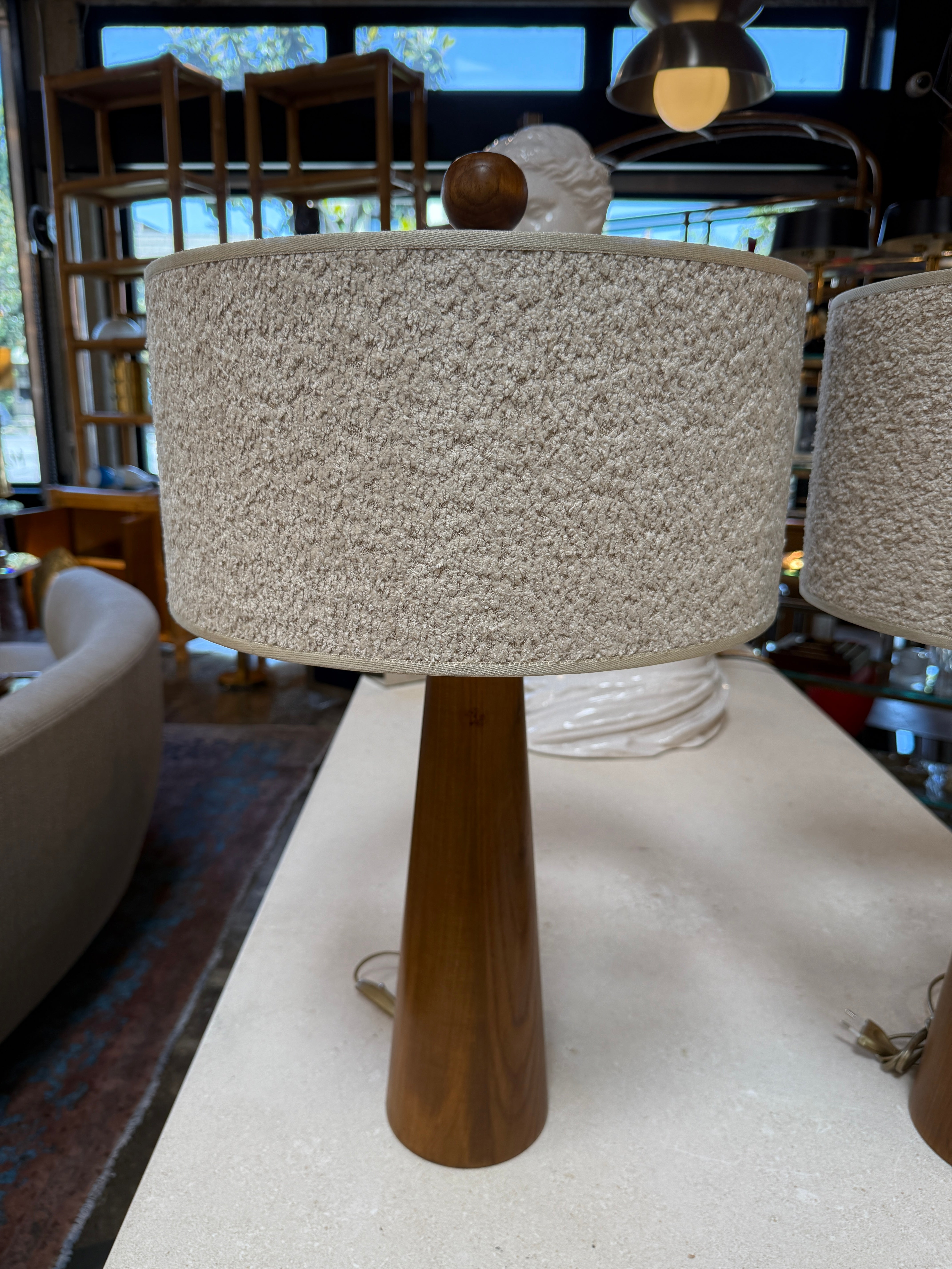 Pair of Mid-Century Modern Wood Table Lamps with Textured Drum Shades
