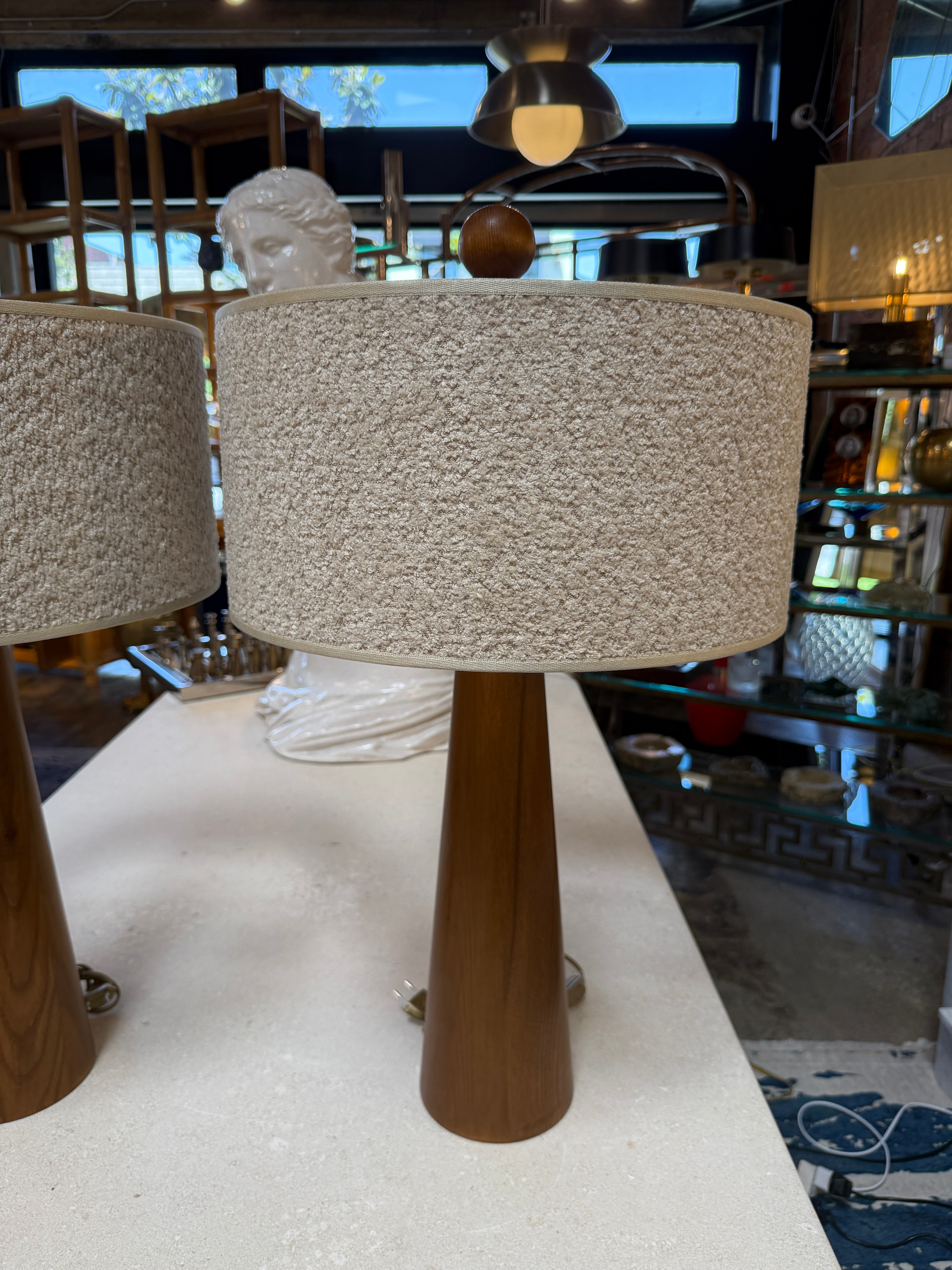 Pair of Mid-Century Modern Wood Table Lamps with Textured Drum Shades