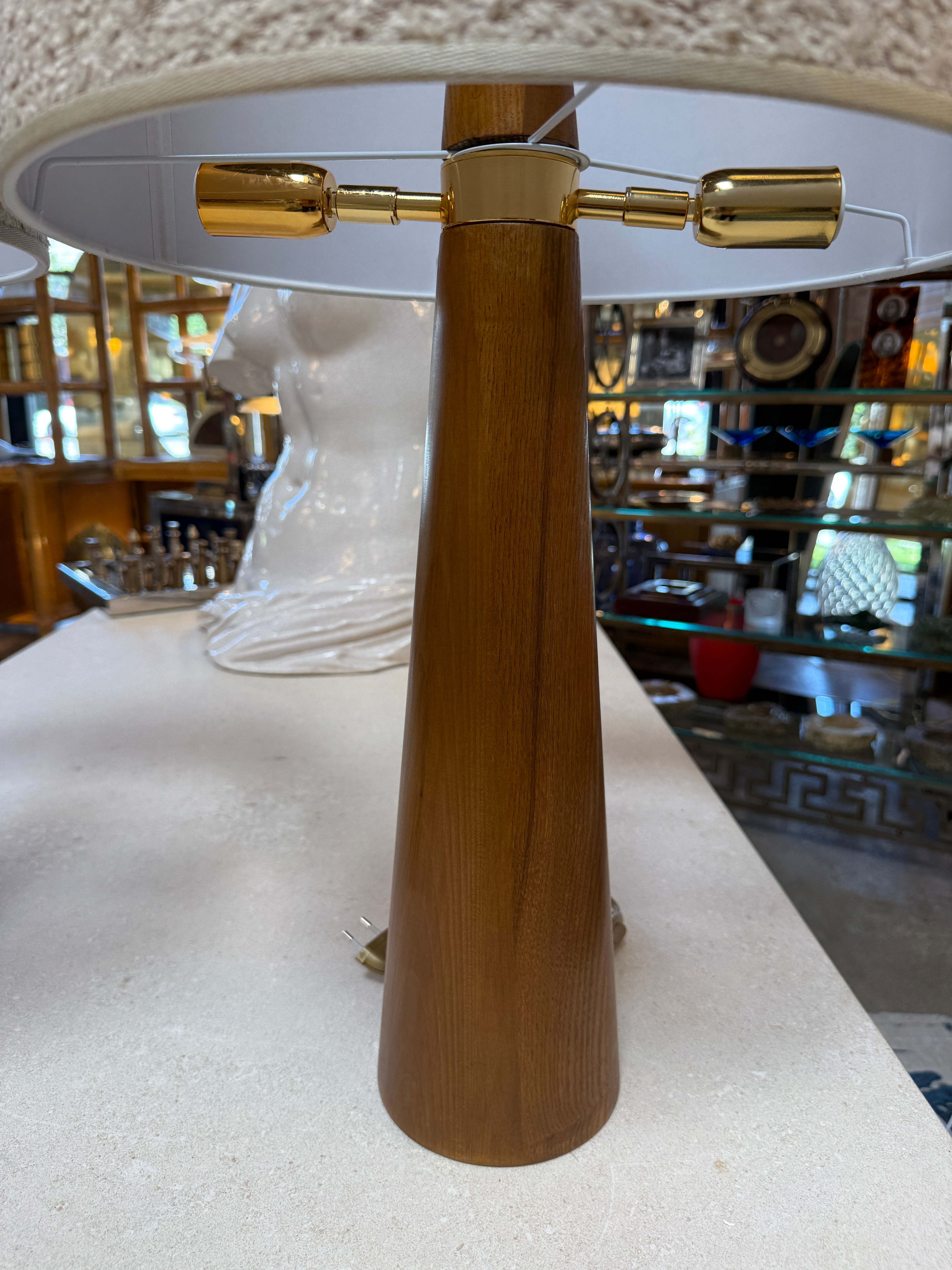 Pair of Mid-Century Modern Wood Table Lamps with Textured Drum Shades