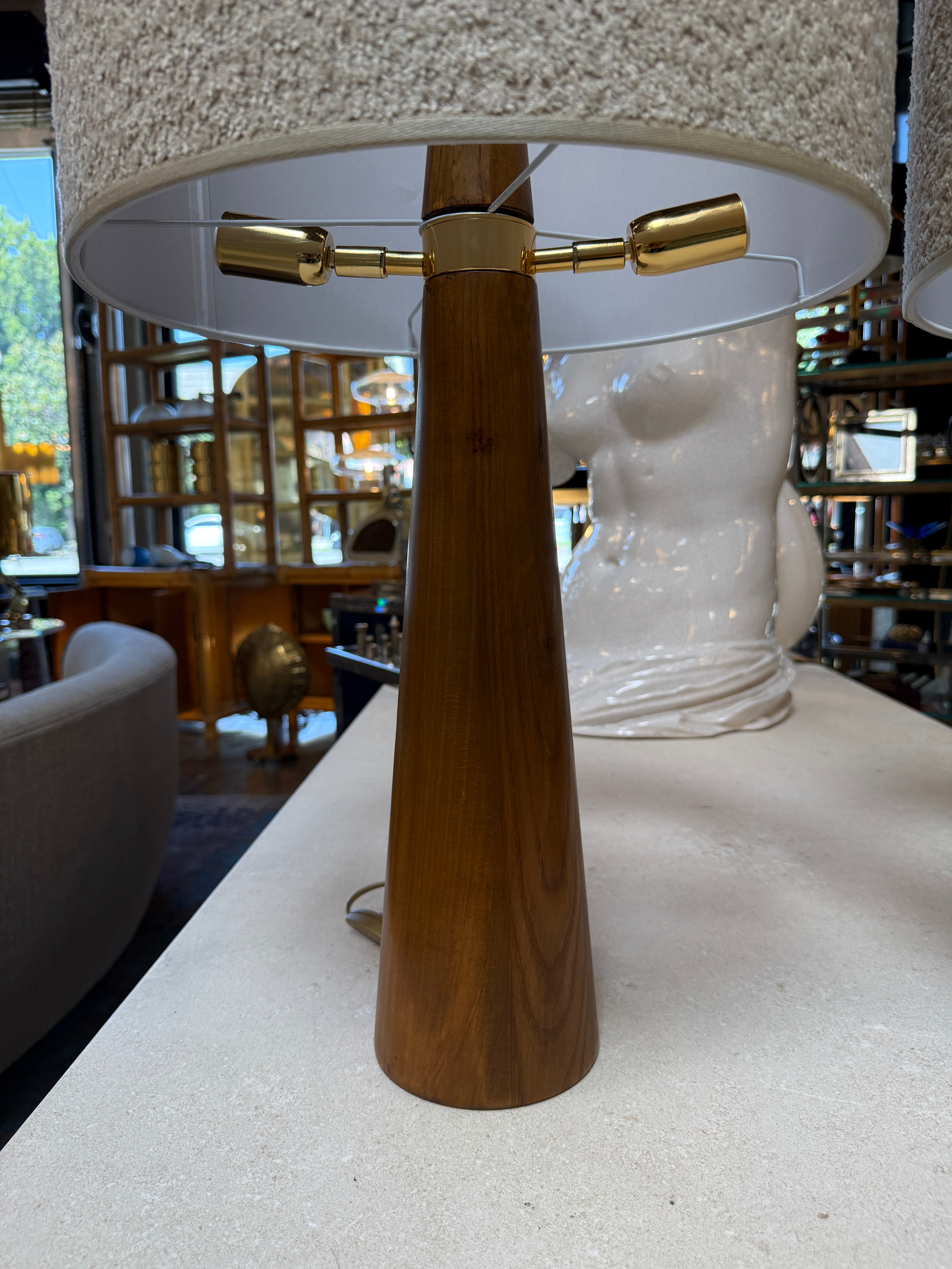 Pair of Mid-Century Modern Wood Table Lamps with Textured Drum Shades