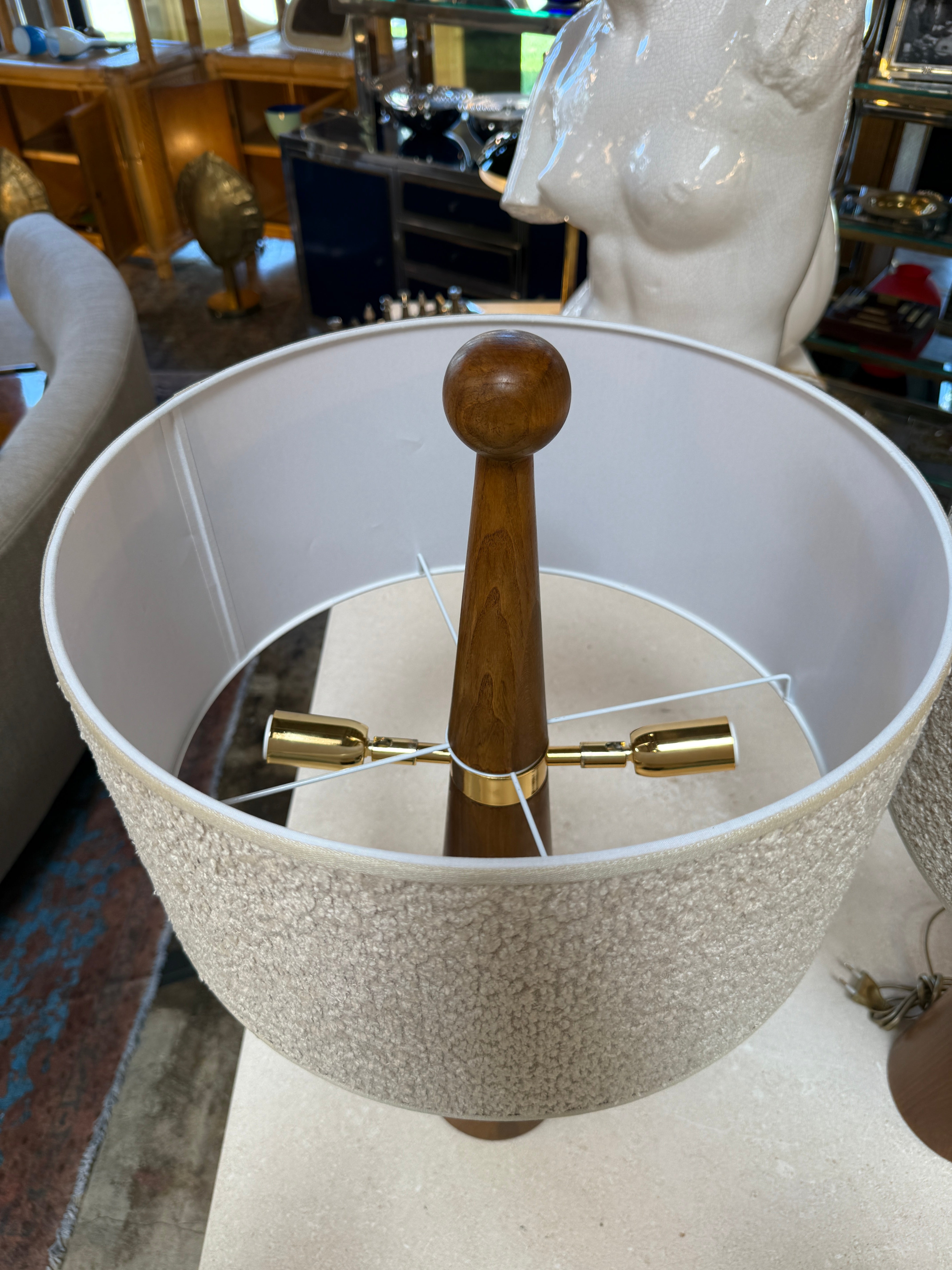 Pair of Mid-Century Modern Wood Table Lamps with Textured Drum Shades