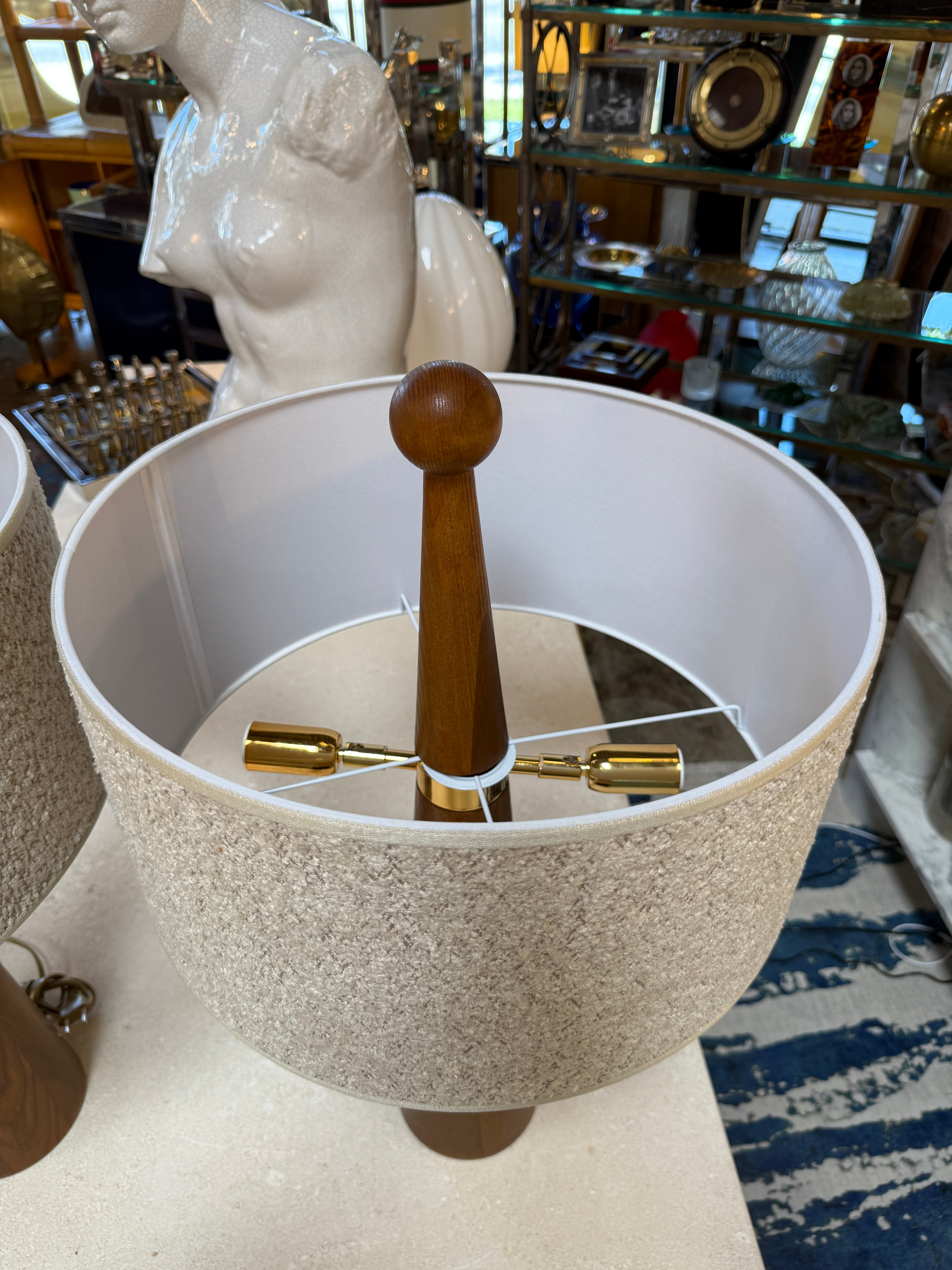 Pair of Mid-Century Modern Wood Table Lamps with Textured Drum Shades