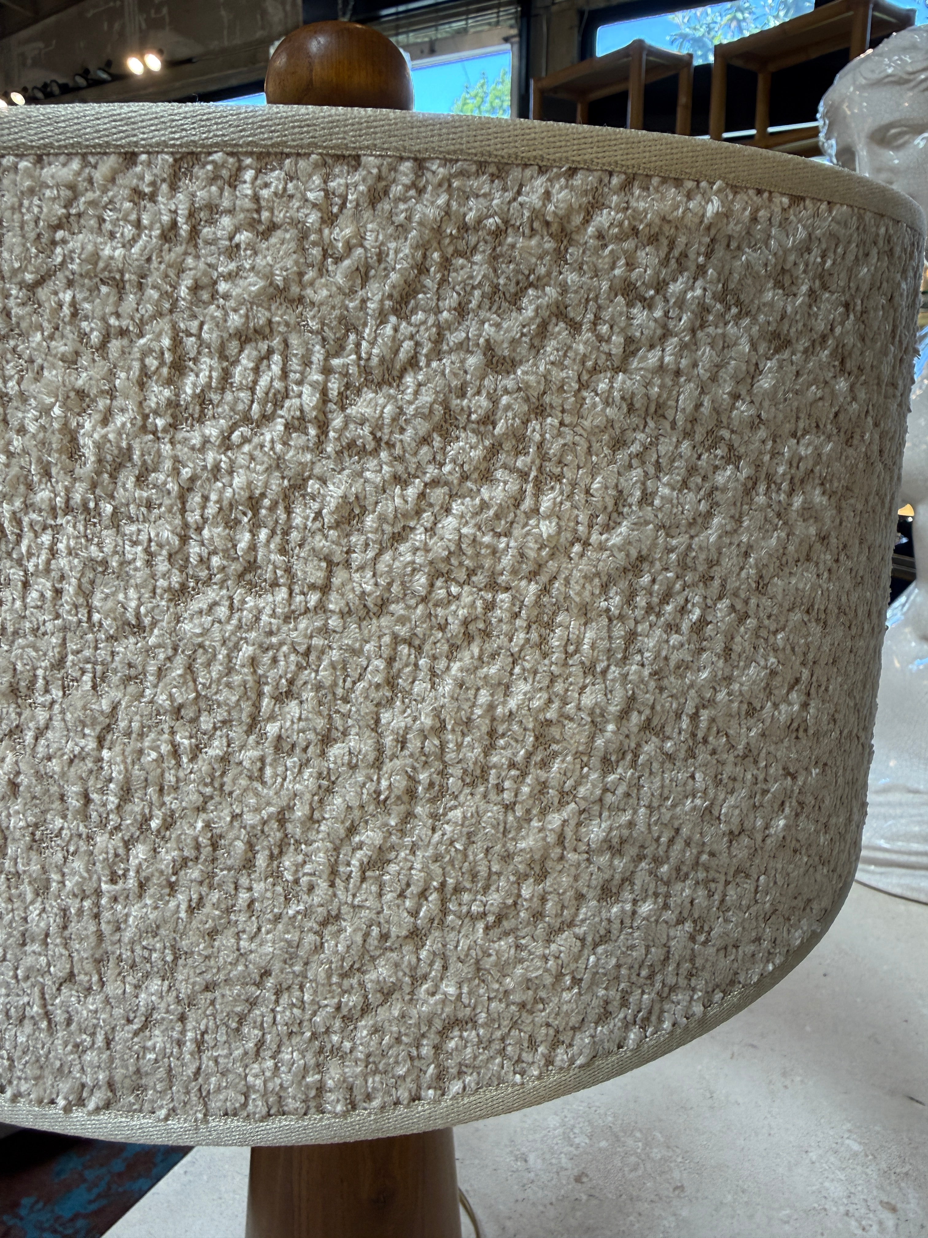 Pair of Mid-Century Modern Wood Table Lamps with Textured Drum Shades