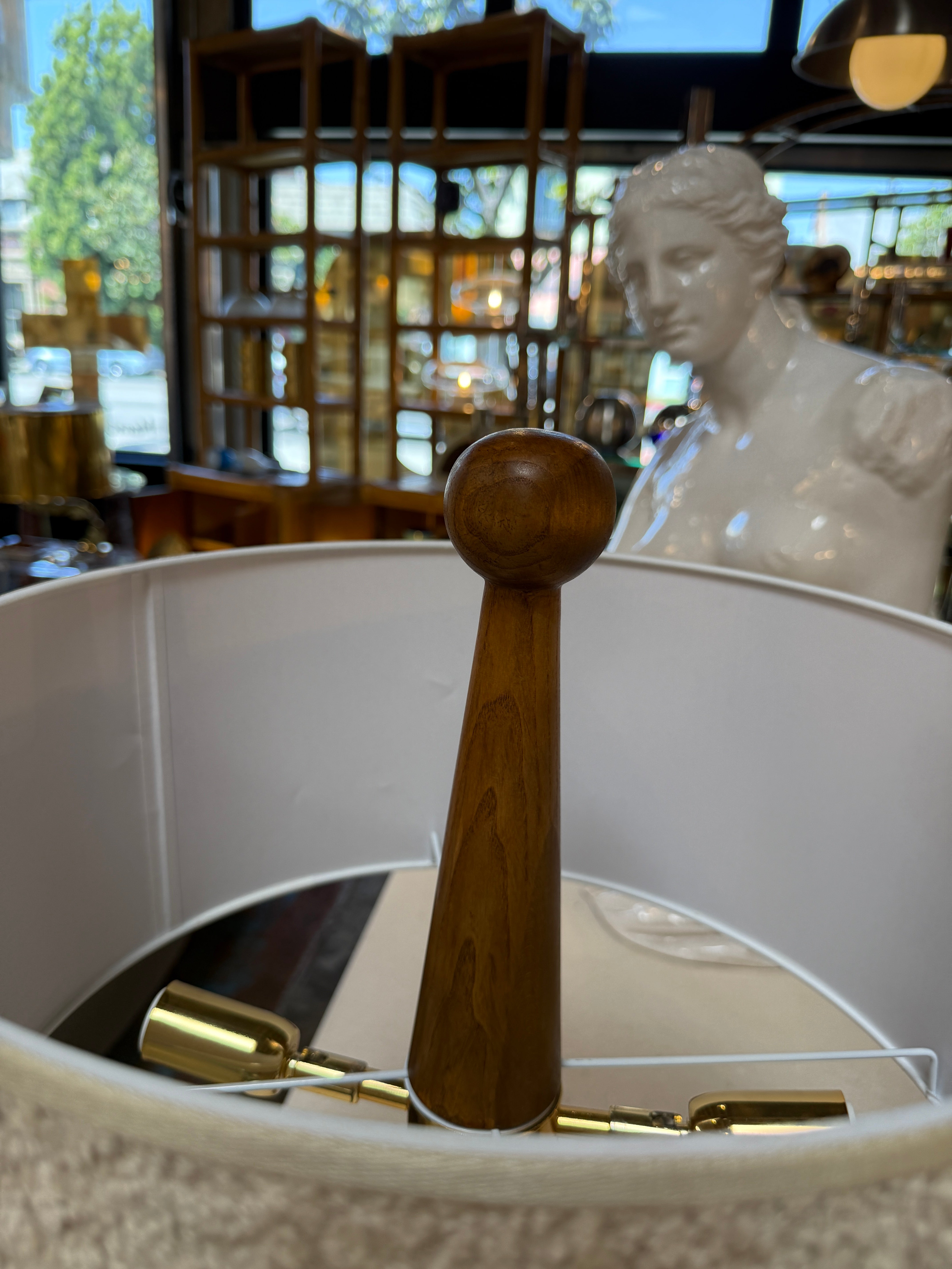 Pair of Mid-Century Modern Wood Table Lamps with Textured Drum Shades