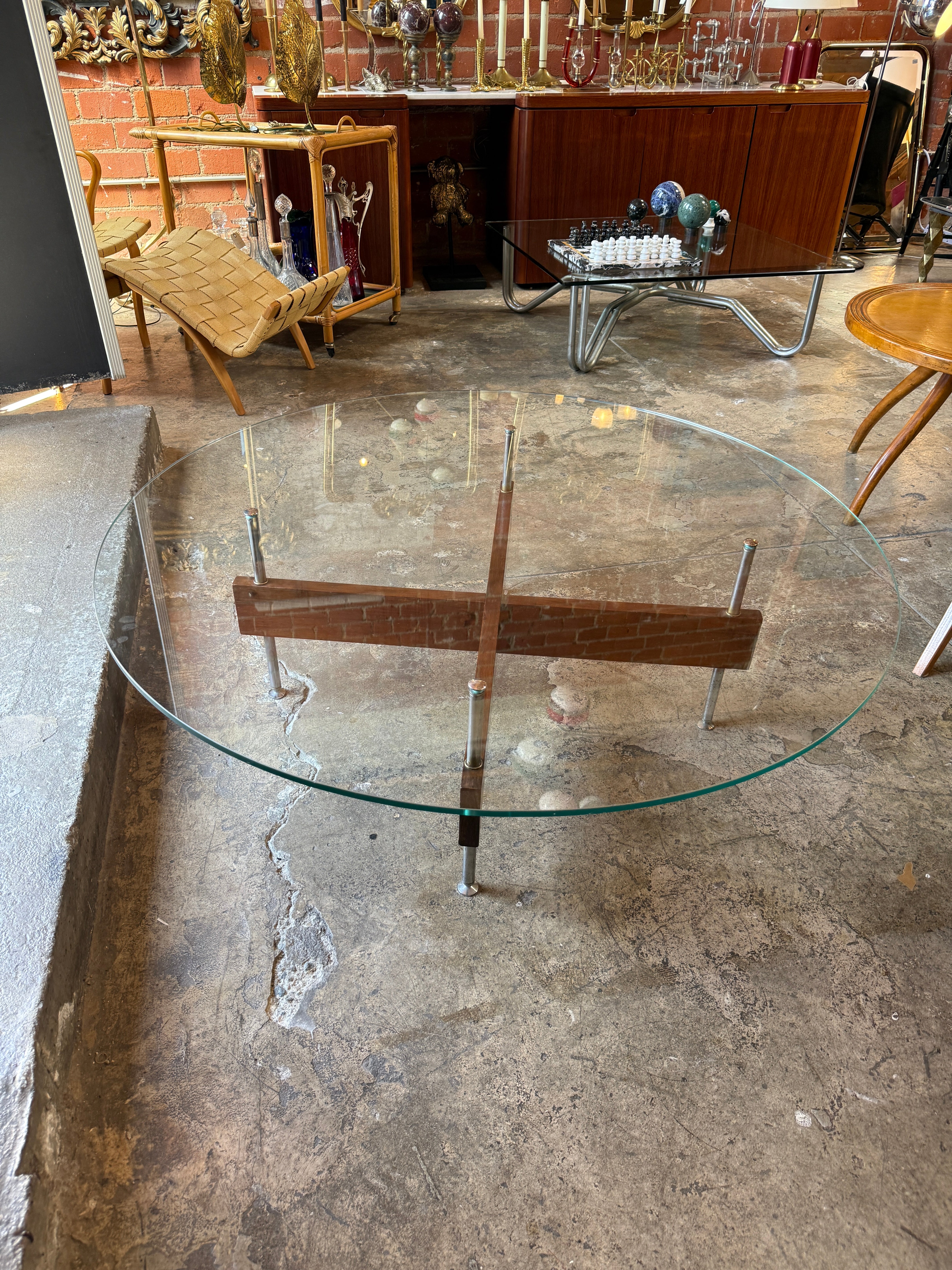 Italian Round Glass Coffee Table with Wood X-Base