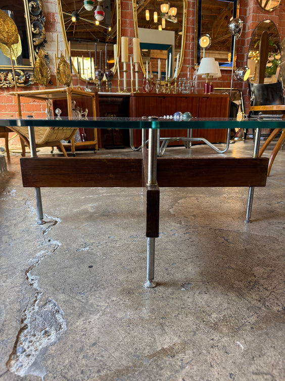 Italian Round Glass Coffee Table with Wood X-Base