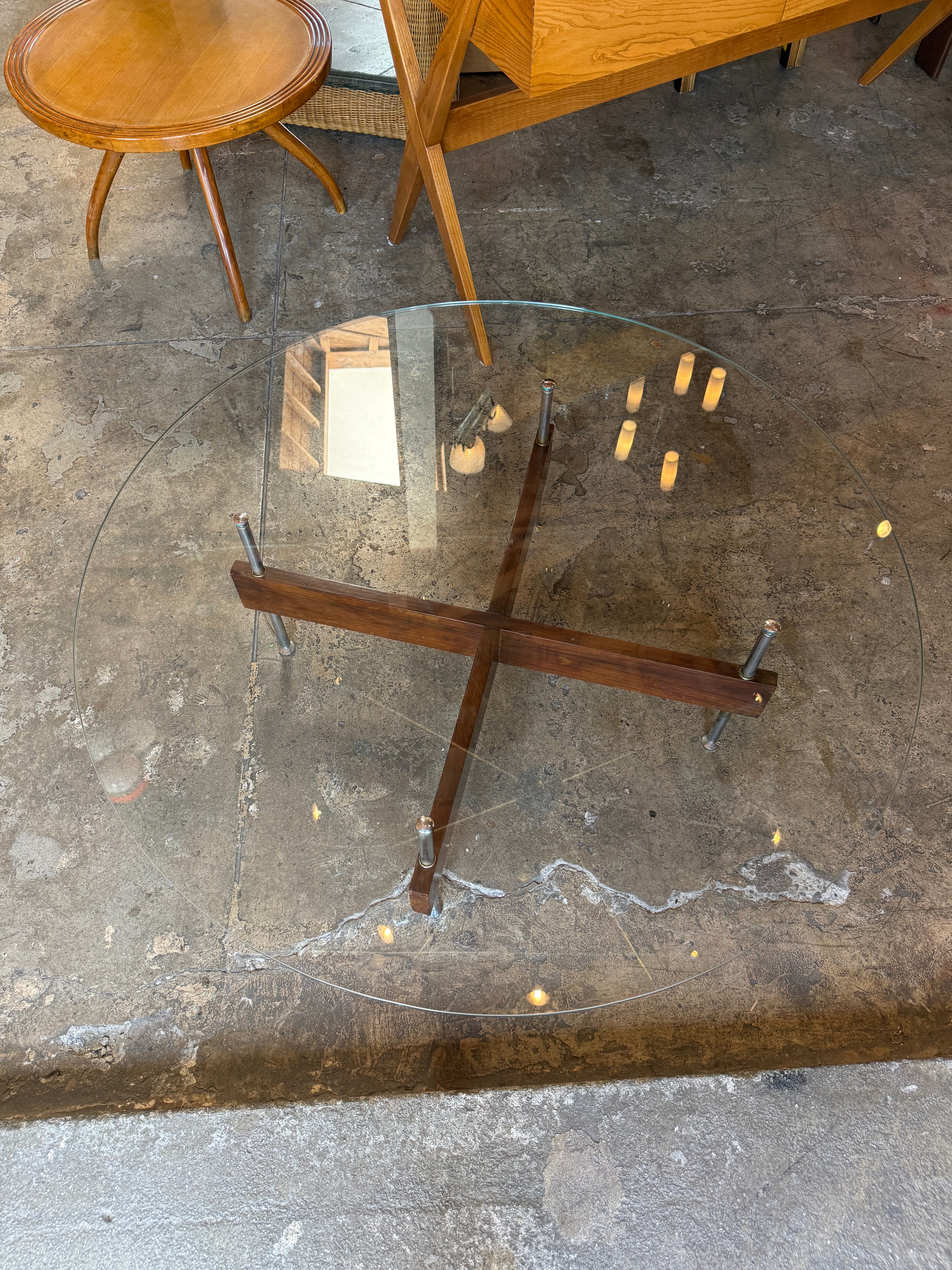 Italian Round Glass Coffee Table with Wood X-Base