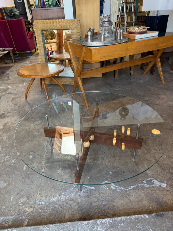 Italian Round Glass Coffee Table with Wood X-Base