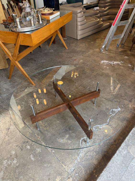 Italian Round Glass Coffee Table with Wood X-Base
