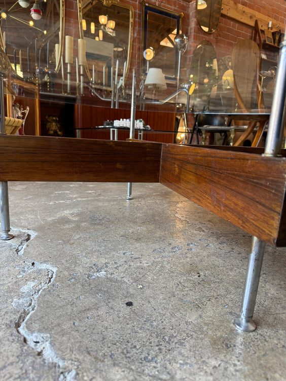 Italian Round Glass Coffee Table with Wood X-Base