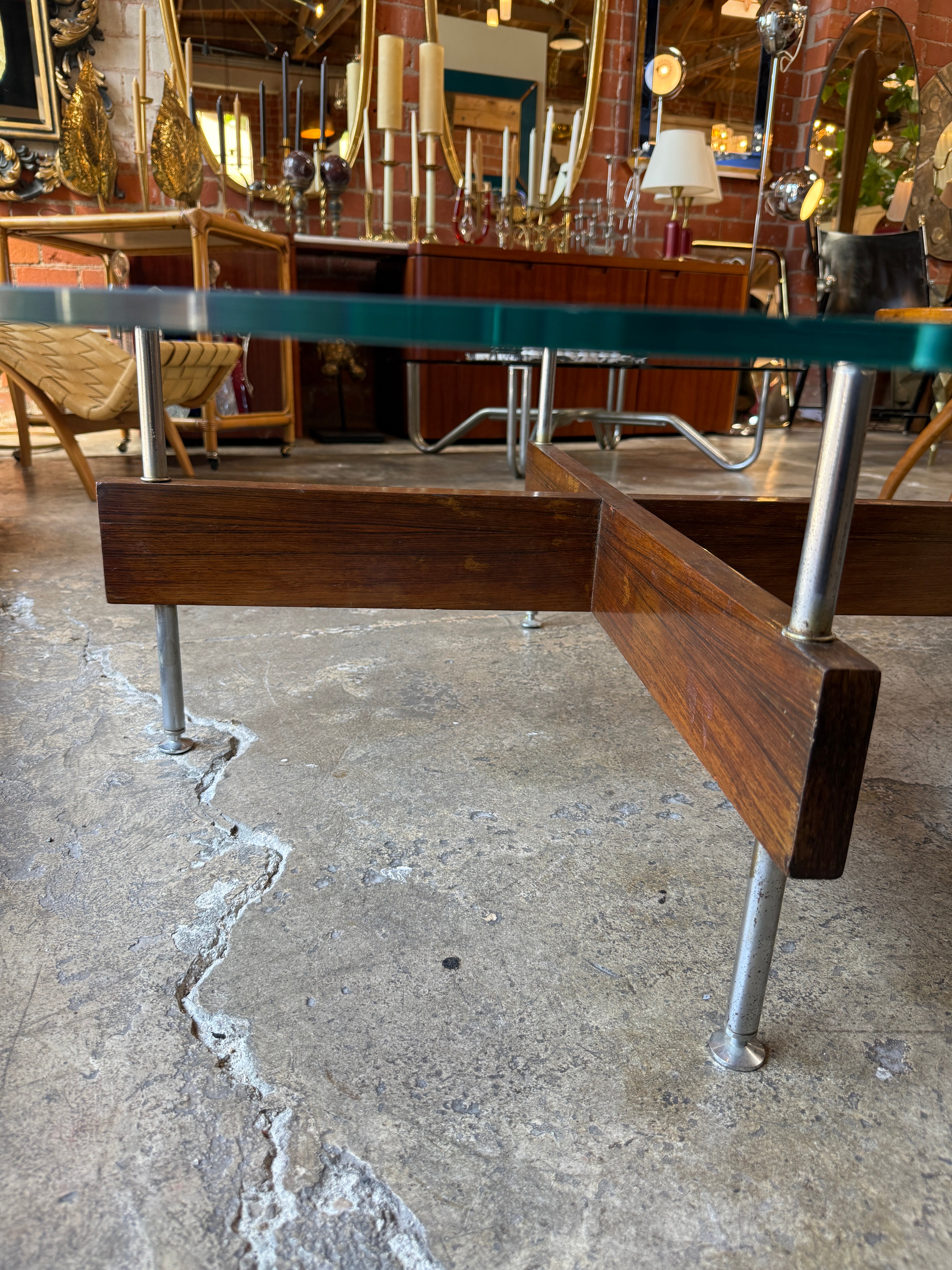 Italian Round Glass Coffee Table with Wood X-Base