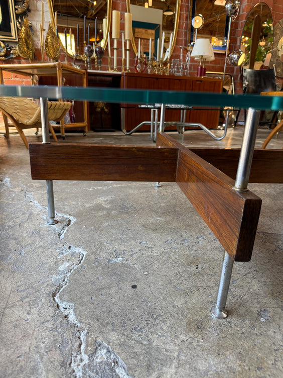 Italian Round Glass Coffee Table with Wood X-Base