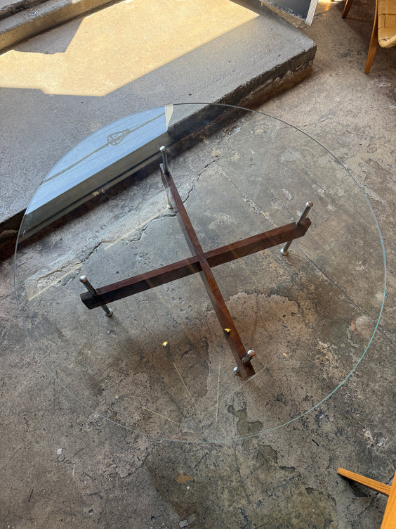 Italian Round Glass Coffee Table with Wood X-Base