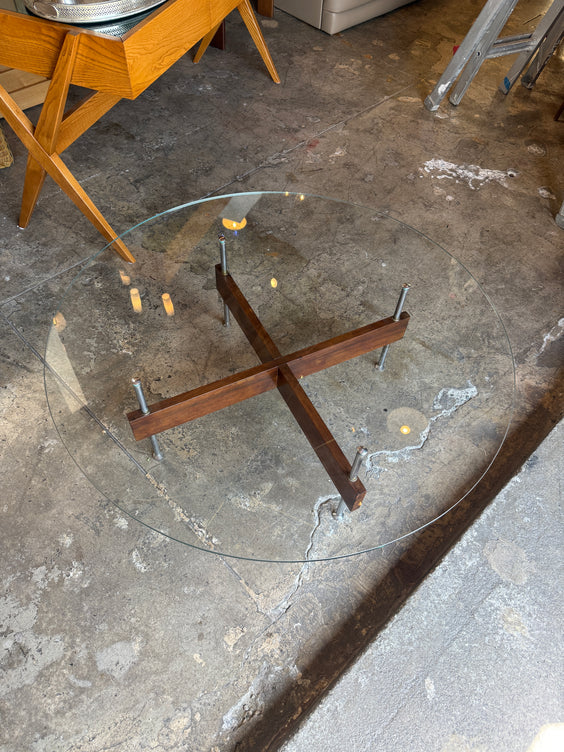 Italian Round Glass Coffee Table with Wood X-Base