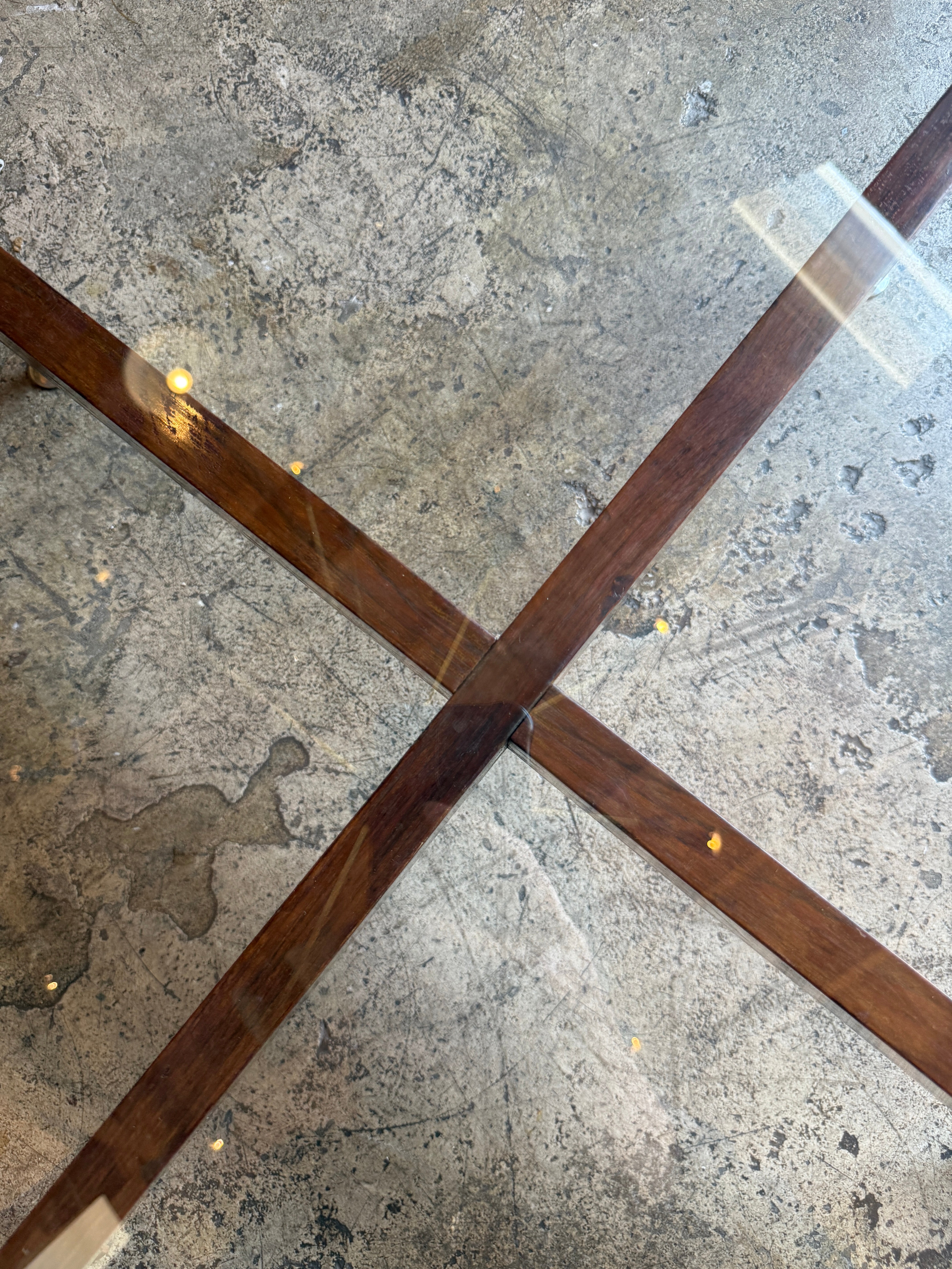 Italian Round Glass Coffee Table with Wood X-Base