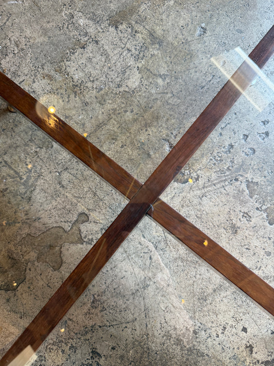 Italian Round Glass Coffee Table with Wood X-Base