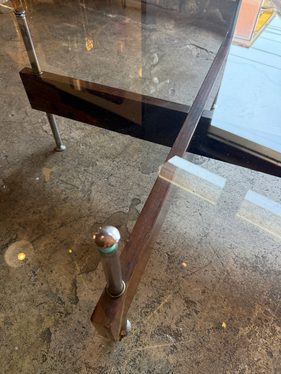 Italian Round Glass Coffee Table with Wood X-Base