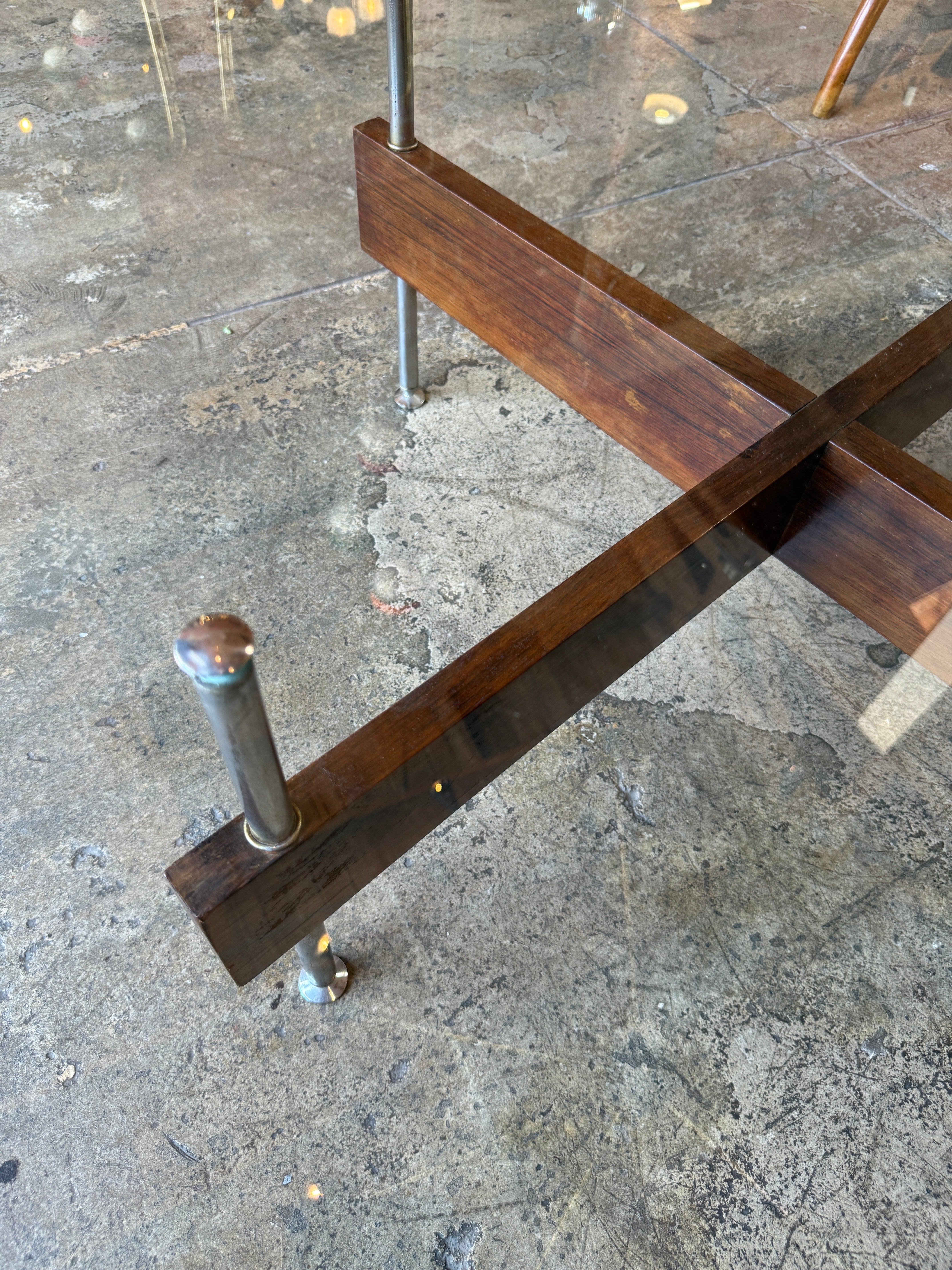 Italian Round Glass Coffee Table with Wood X-Base