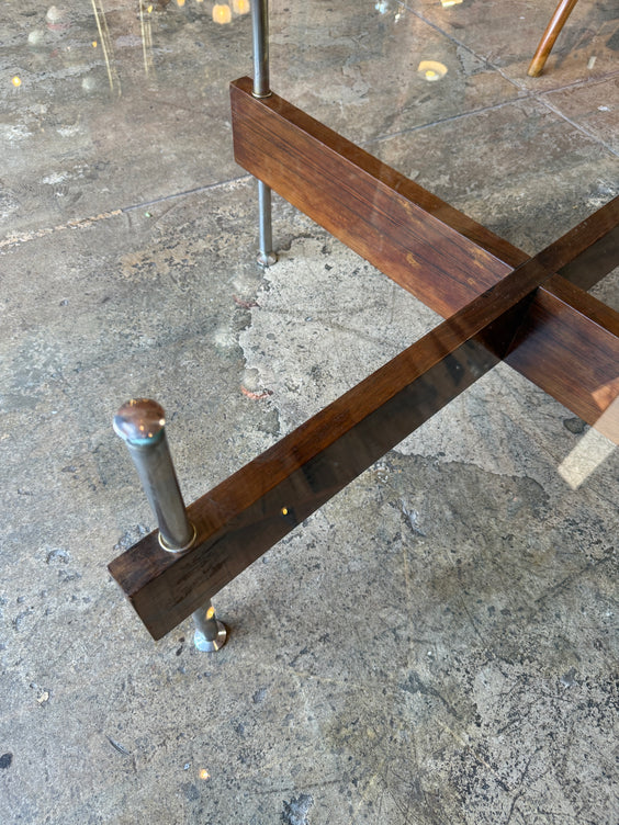 Italian Round Glass Coffee Table with Wood X-Base