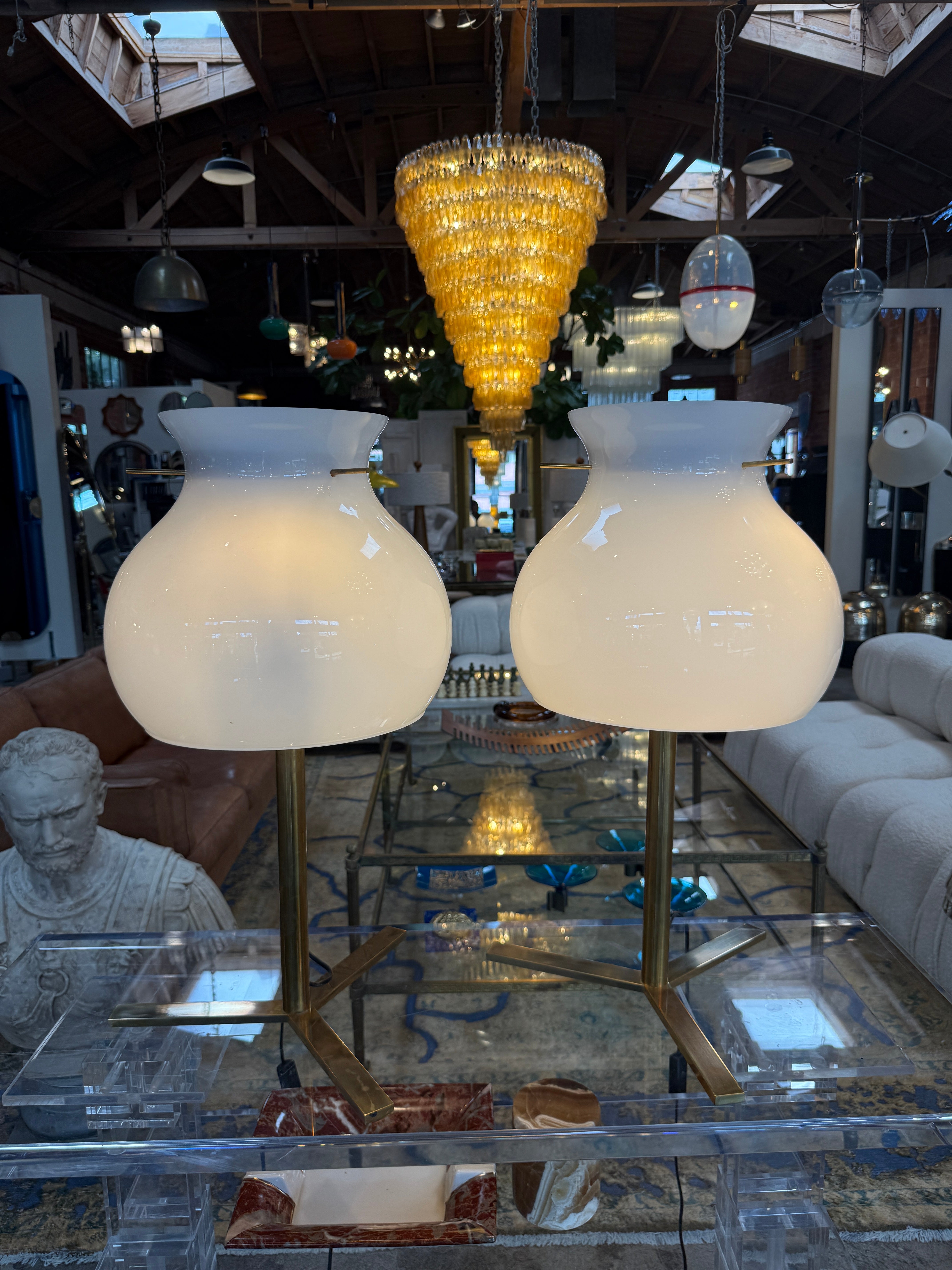 Pair of Italian Murano Glass Table Lamps with Brass Base, 1950s