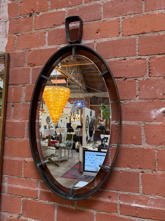 Vintage Oval Iron Frame Wall Mirror with Hanging Loop