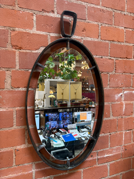 Vintage Oval Iron Frame Wall Mirror with Hanging Loop