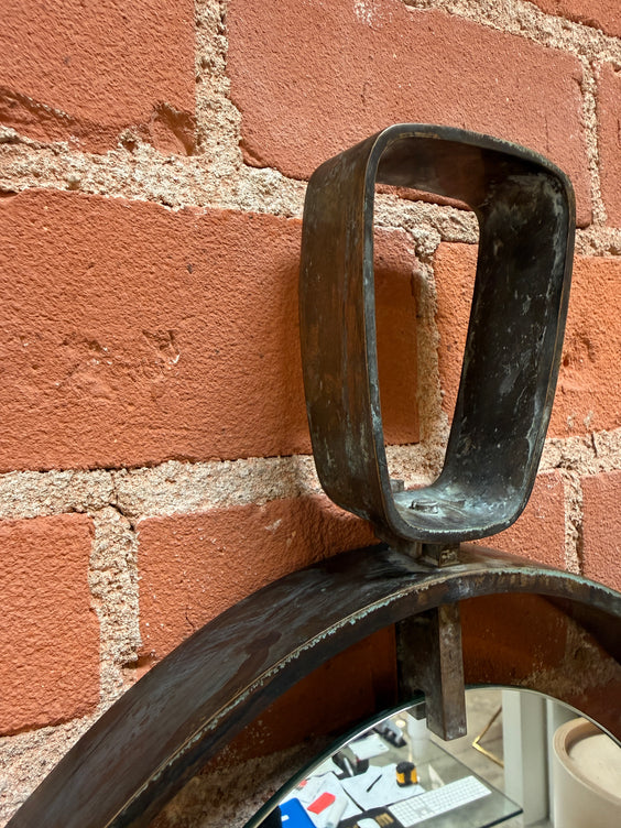 Vintage Oval Iron Frame Wall Mirror with Hanging Loop