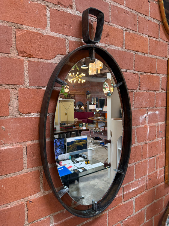 Vintage Oval Iron Frame Wall Mirror with Hanging Loop