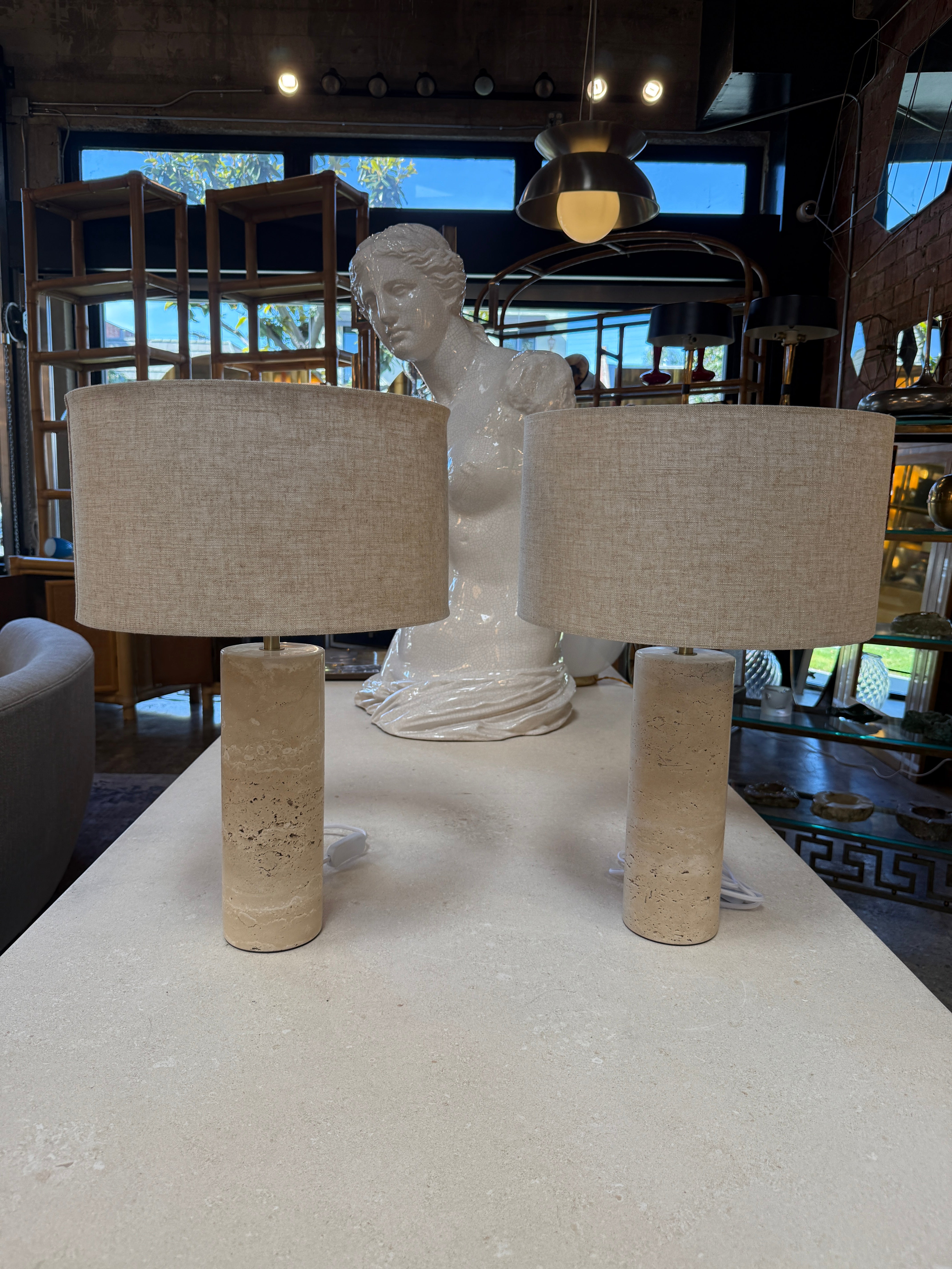 Pair of Travertine Cylinder Table Lamps with Linen Drum Shades