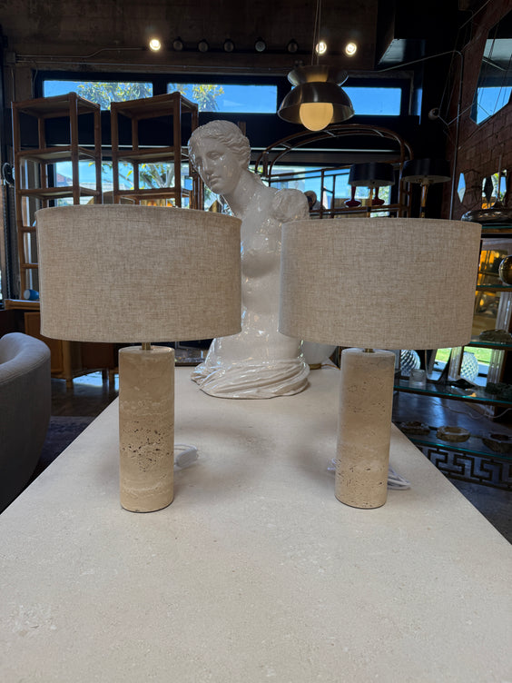 Pair of Travertine Cylinder Table Lamps with Linen Drum Shades