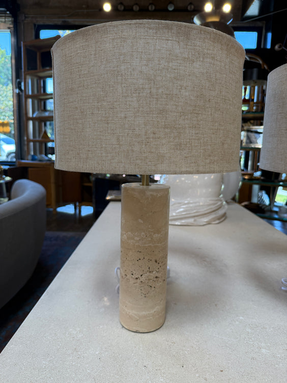 Pair of Travertine Cylinder Table Lamps with Linen Drum Shades