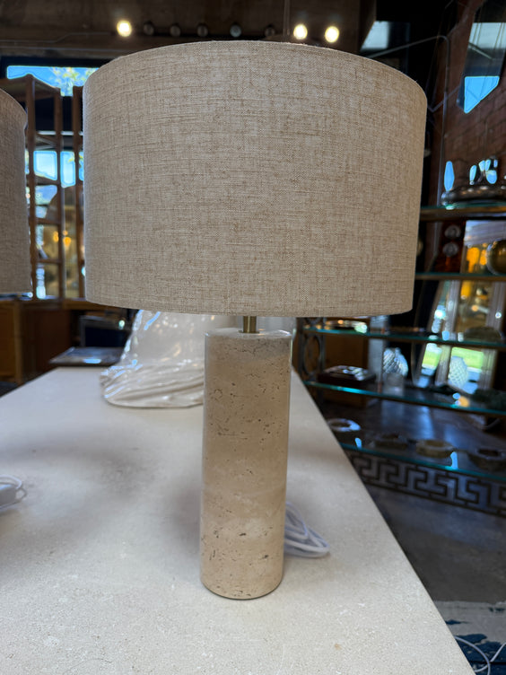 Pair of Travertine Cylinder Table Lamps with Linen Drum Shades