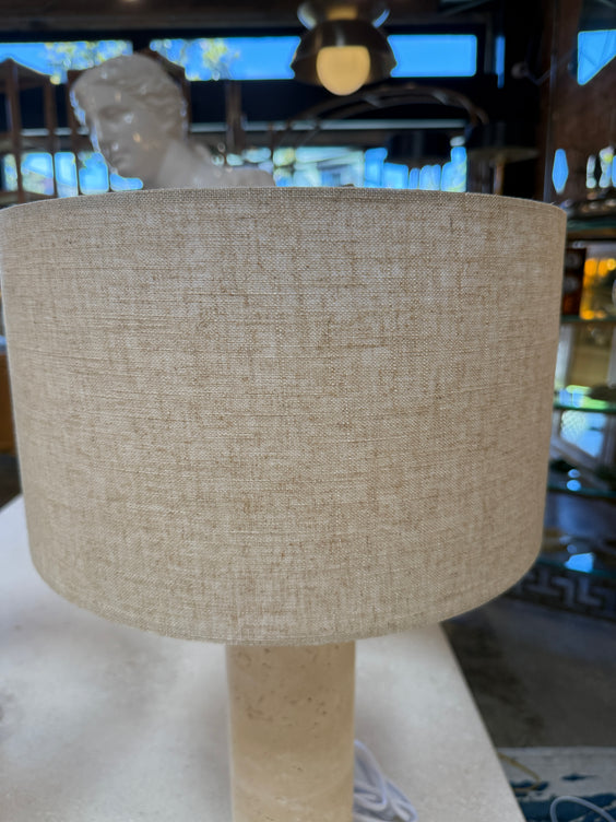 Pair of Travertine Cylinder Table Lamps with Linen Drum Shades