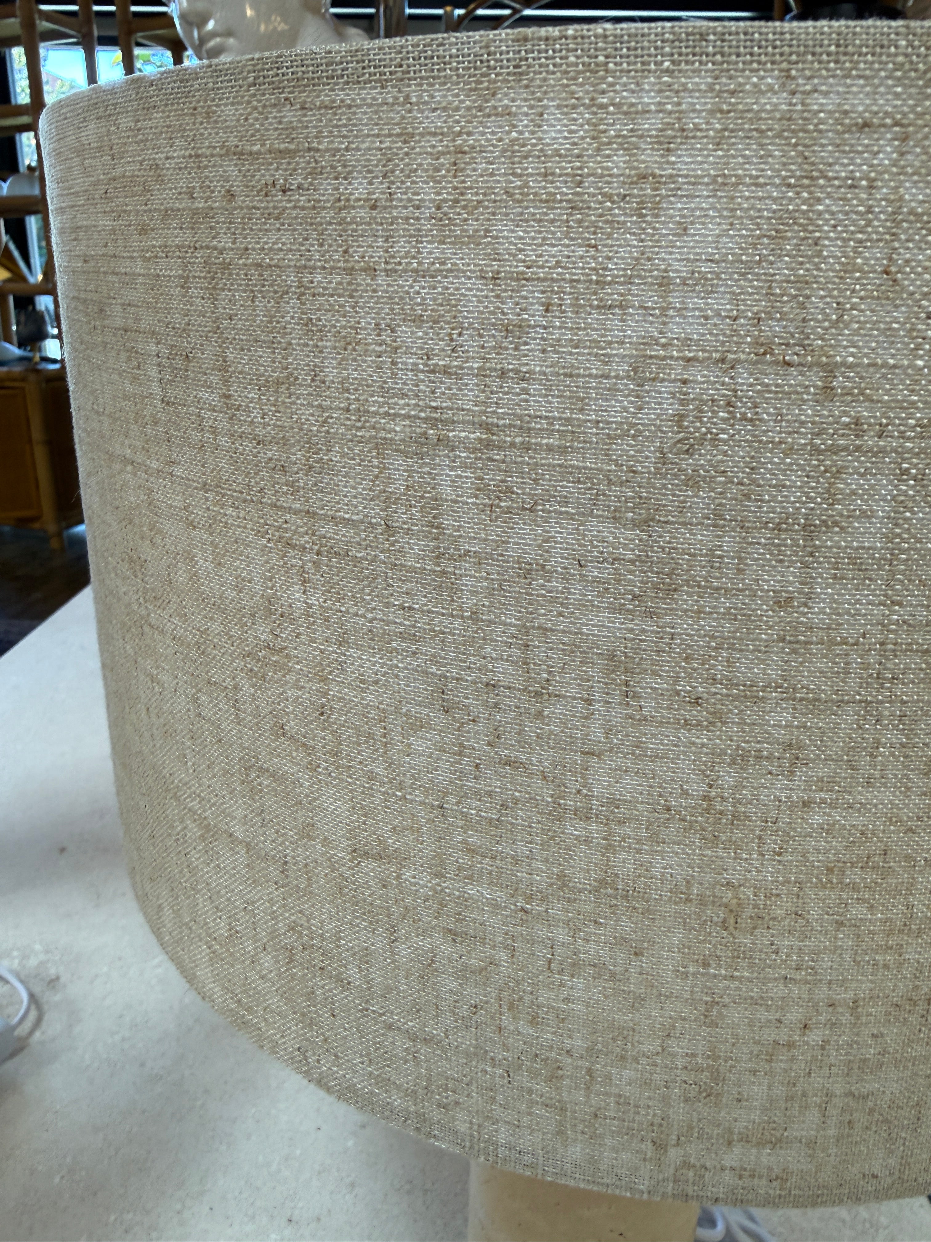 Pair of Travertine Cylinder Table Lamps with Linen Drum Shades