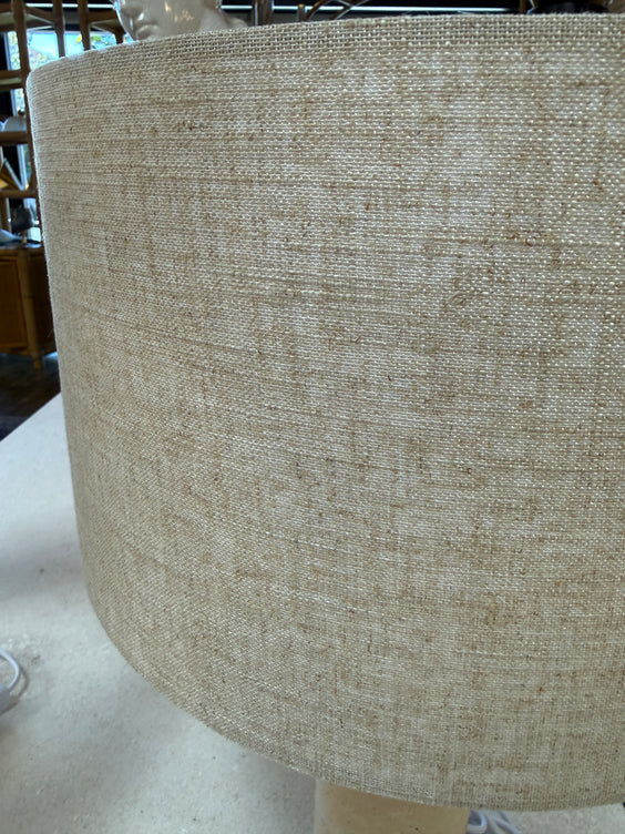 Pair of Travertine Cylinder Table Lamps with Linen Drum Shades