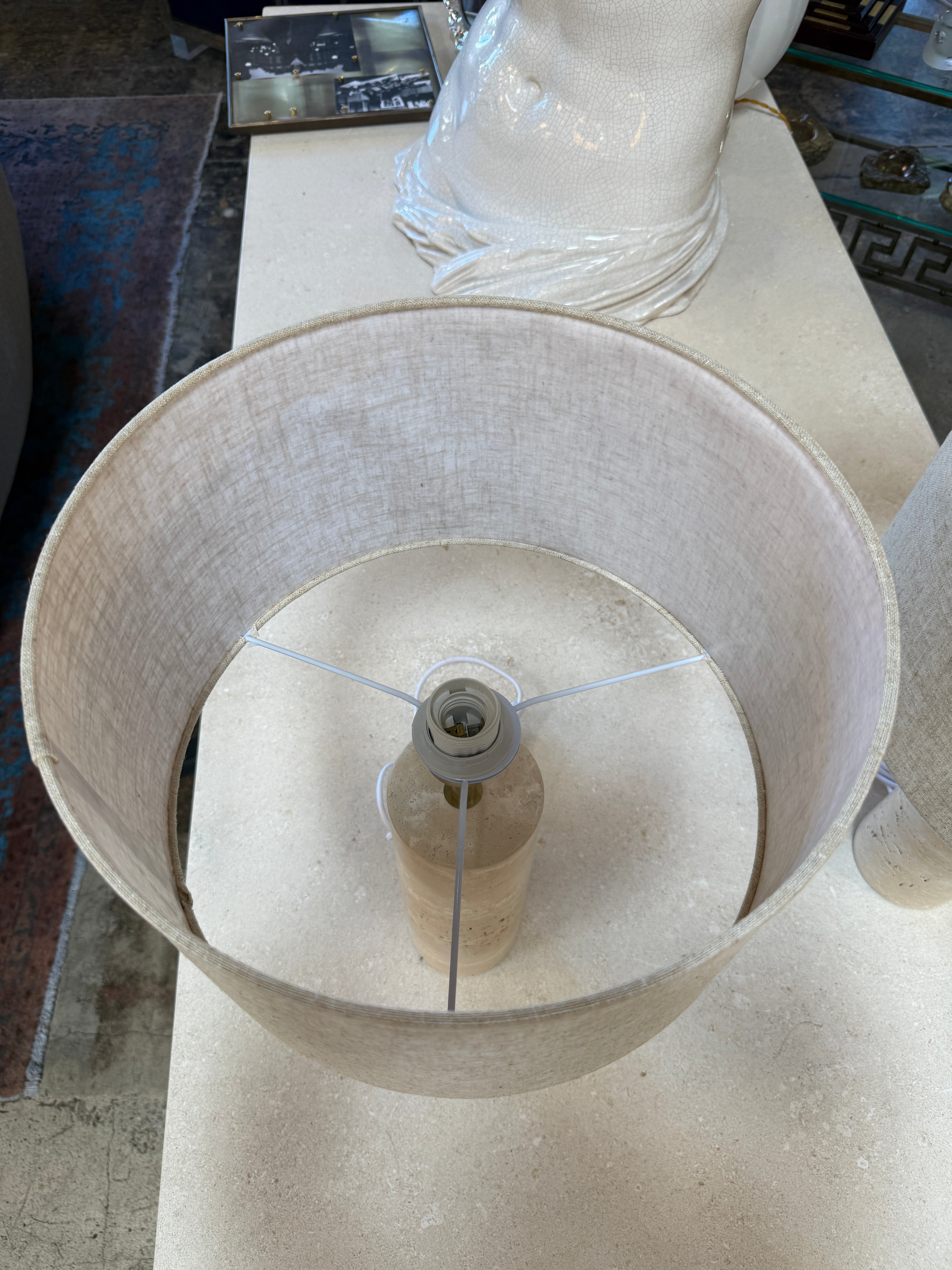 Pair of Travertine Cylinder Table Lamps with Linen Drum Shades