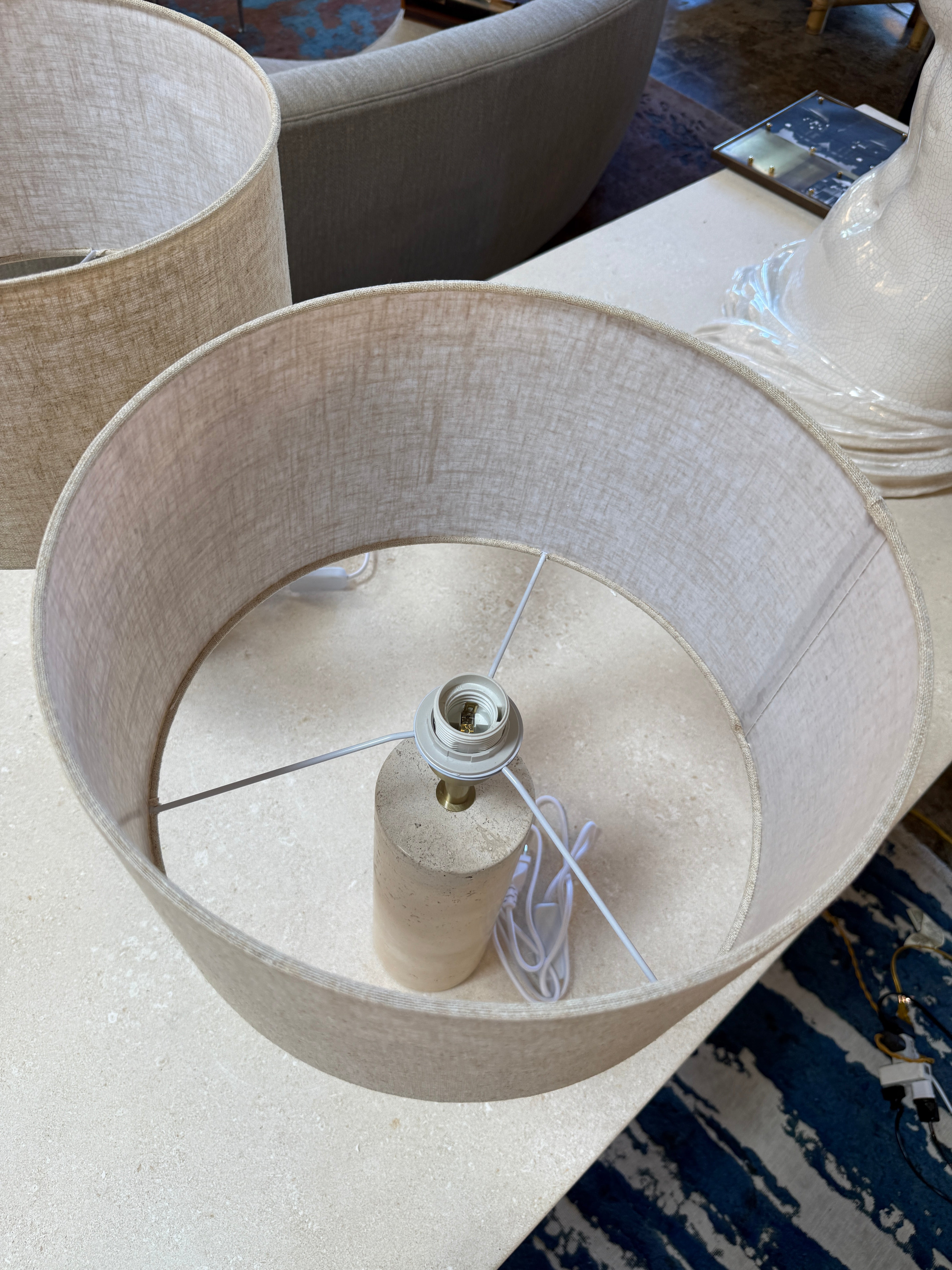 Pair of Travertine Cylinder Table Lamps with Linen Drum Shades