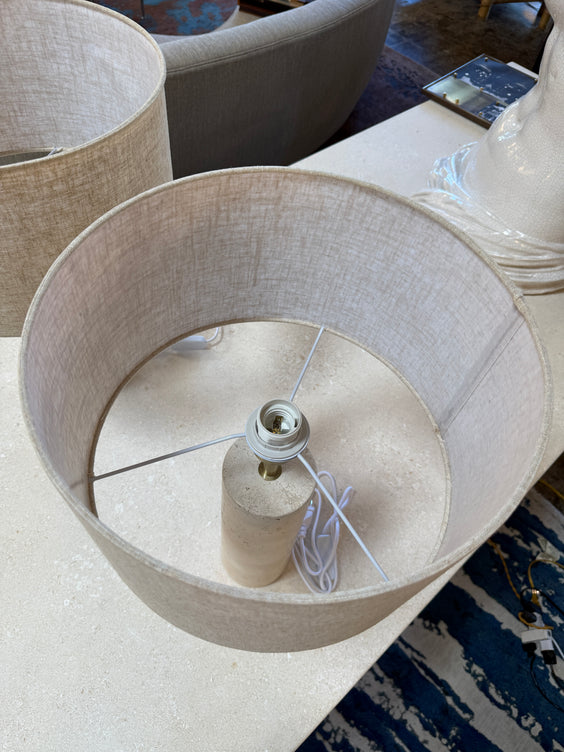 Pair of Travertine Cylinder Table Lamps with Linen Drum Shades