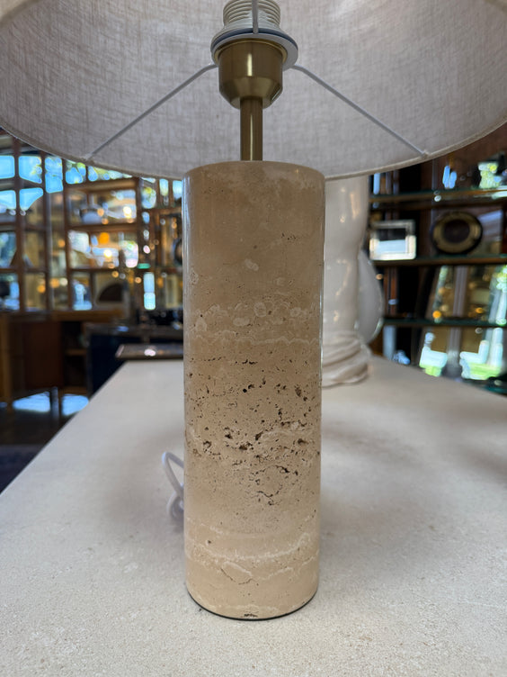 Pair of Travertine Cylinder Table Lamps with Linen Drum Shades
