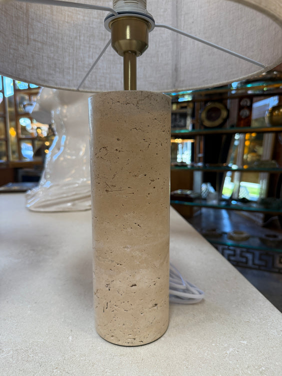 Pair of Travertine Cylinder Table Lamps with Linen Drum Shades