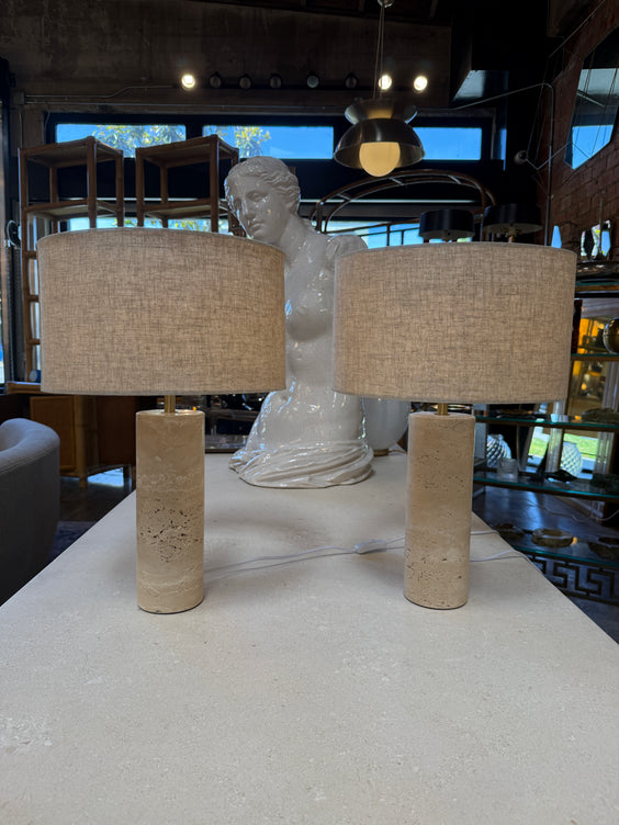 Pair of Travertine Cylinder Table Lamps with Linen Drum Shades
