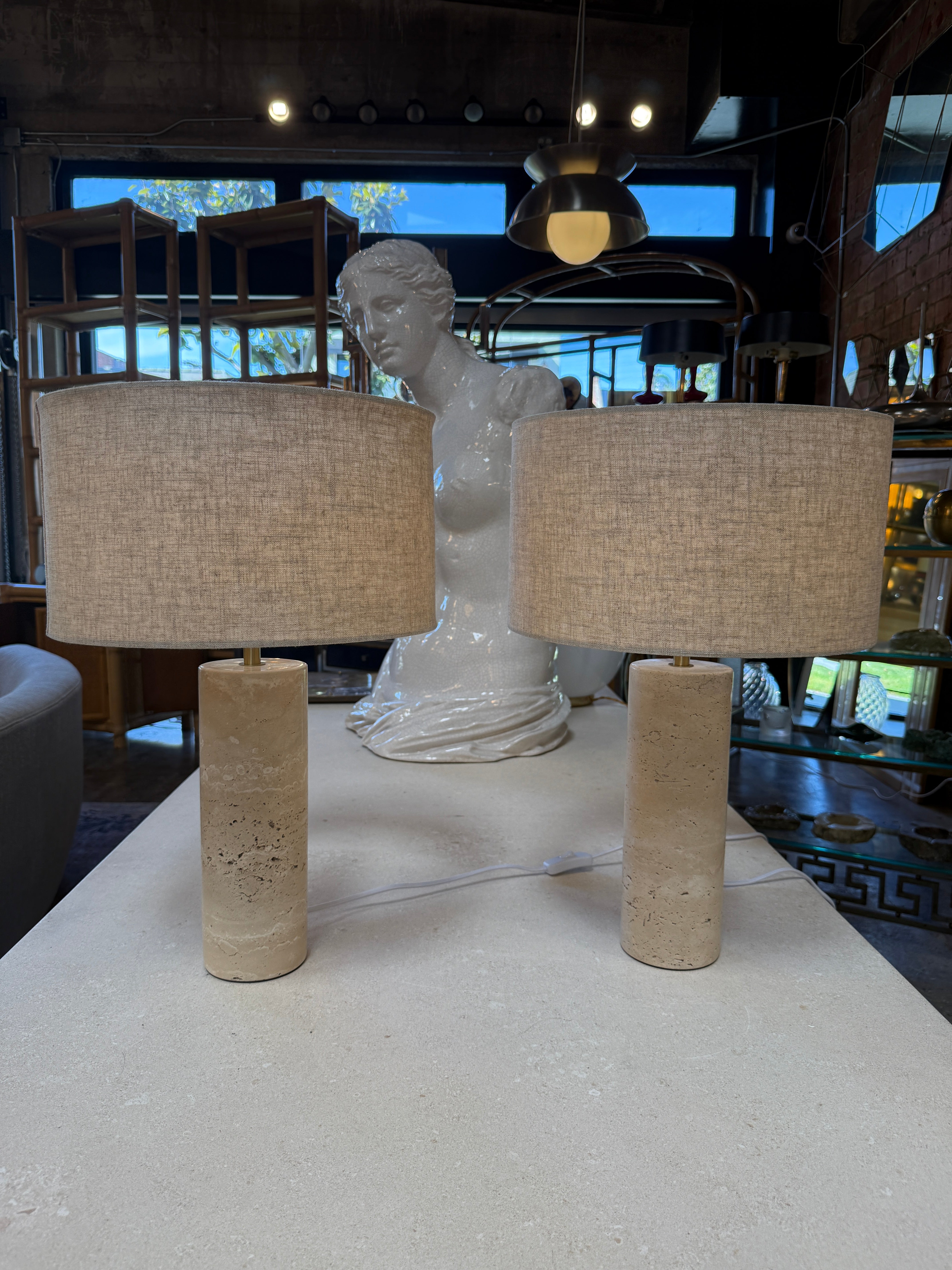 Pair of Travertine Cylinder Table Lamps with Linen Drum Shades