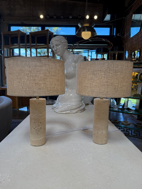 Pair of Travertine Cylinder Table Lamps with Linen Drum Shades
