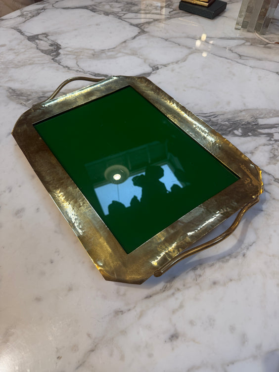 Vintage Brass Tray with Green Glass Insert